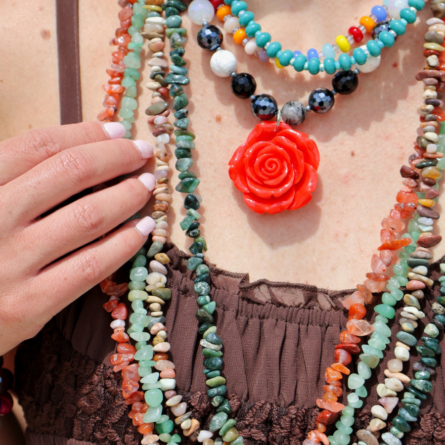 Mosaic Magic | Black Gemstone & Red Rose Necklace #39