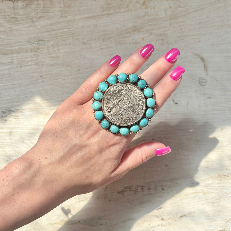 Silver Coin & Turquoise Ring