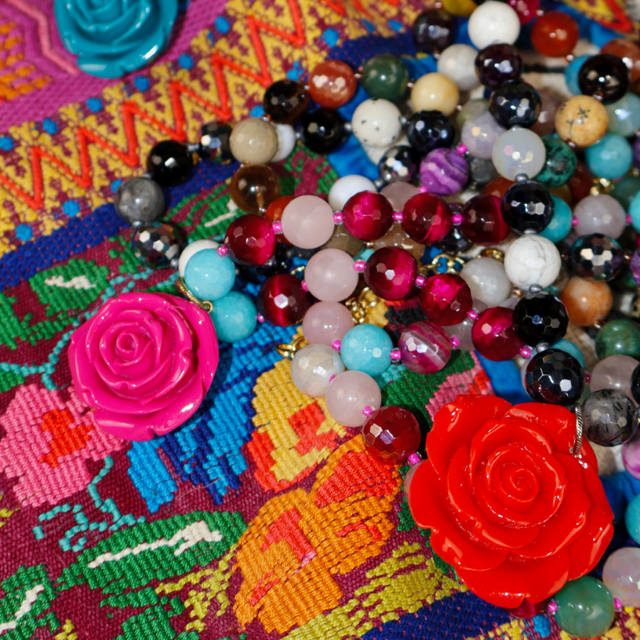 Mosaic Magic | Black Gemstone & Black Rose Necklace #37