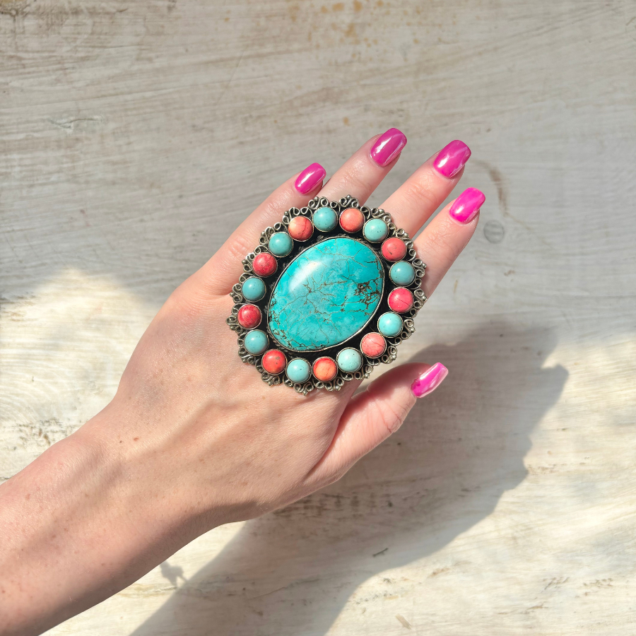 Red Coral & Turquoise Ring