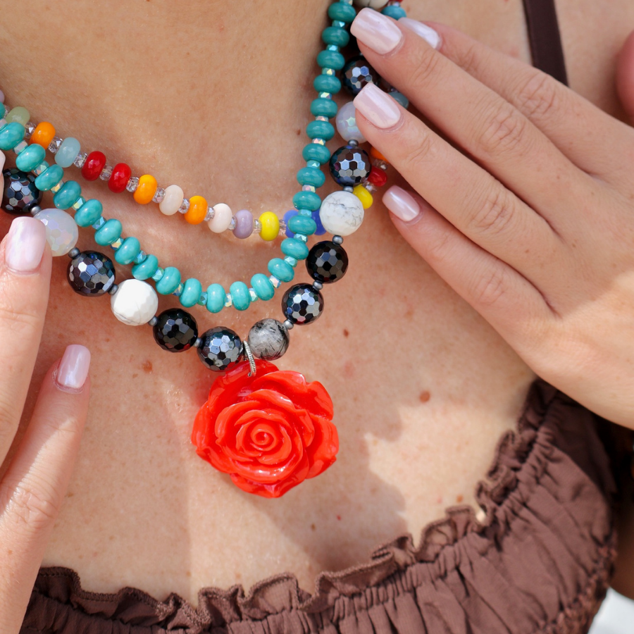 Mosaic Magic | Black Gemstone & Black Rose Necklace #37
