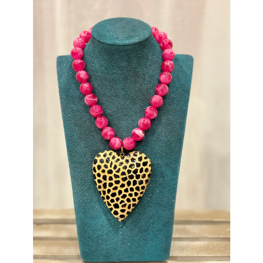 Hot Pink & Leopard Print Carved Wooden Heart