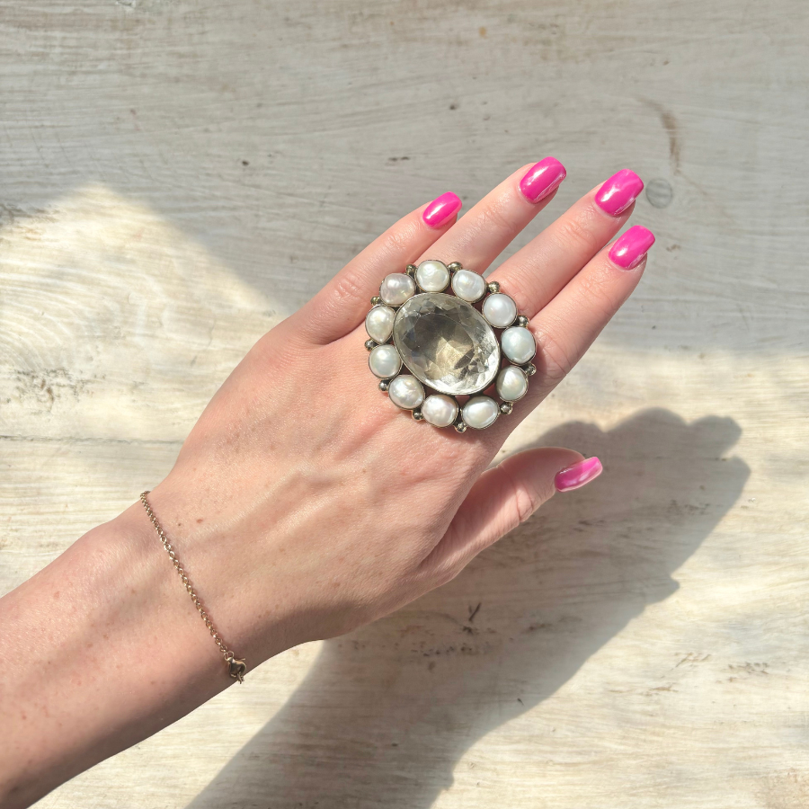 Freshwater Pearls & Herkimer Diamond Ring