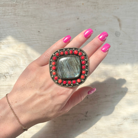 Red Coral & Labradorite Ring