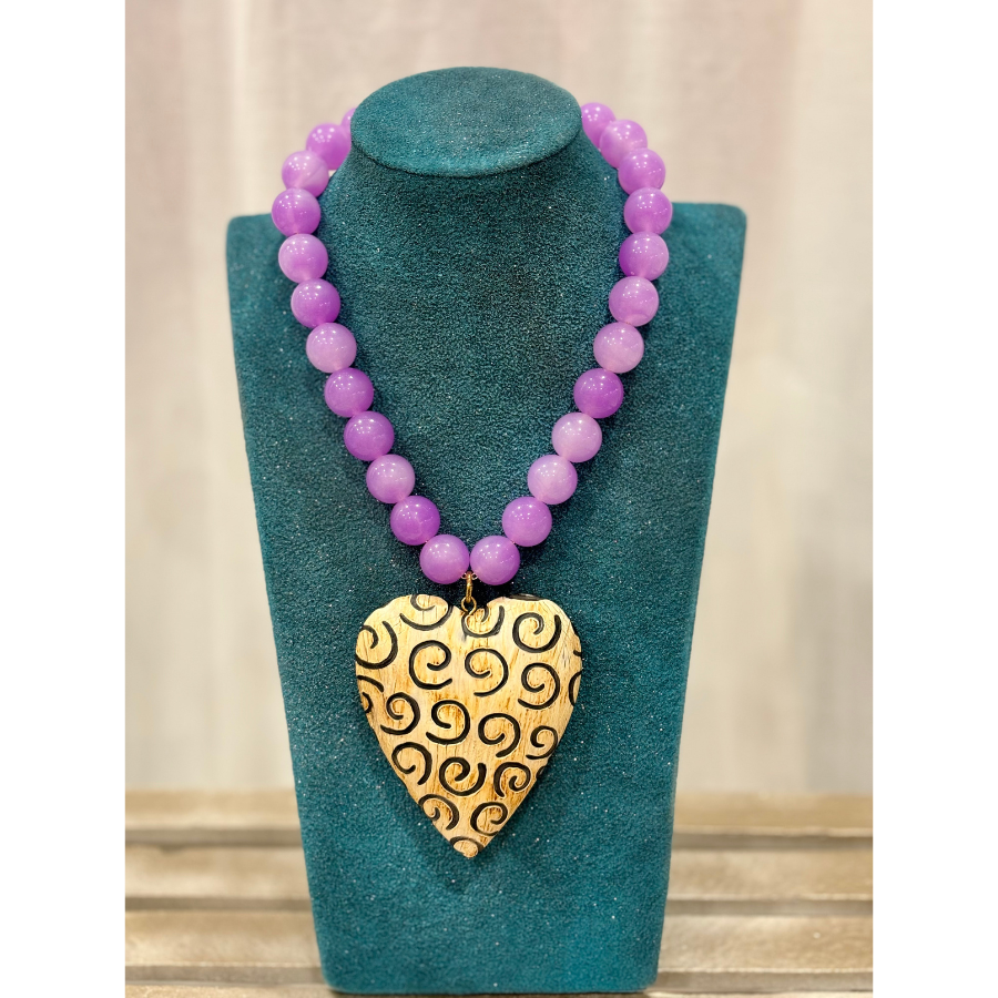 Lilac & Swirl Print Carved Wooden Heart