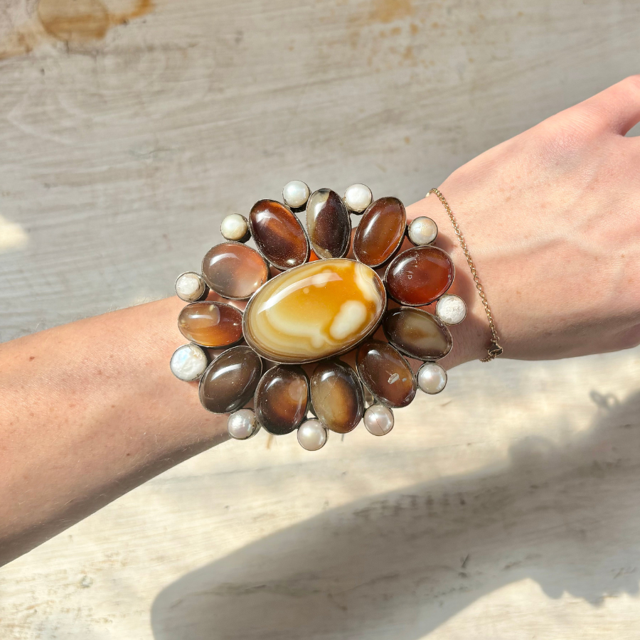 Large Brown Quartz and Freshwater Pearl Cuff Bracelet