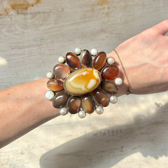 Large Brown Quartz and Freshwater Pearl Cuff Bracelet