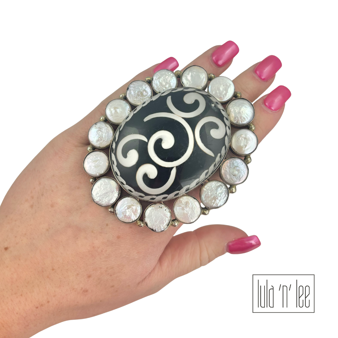 Black & White Painted Coconut Shell with Freshwater Pearl Adjustable Ring