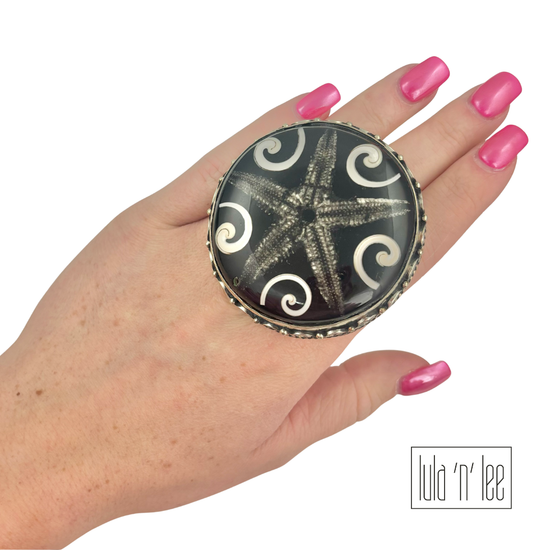 Starfish Painted Coconut Shell Adjustable Ring