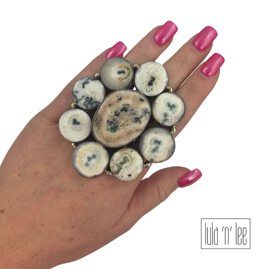 Black & White Agate Chunk Adjustable Ring