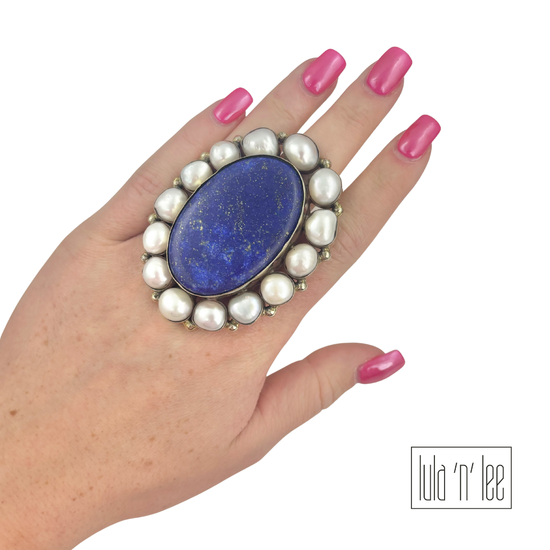 Blue Lapis & Freshwater Pearl Adjustable Ring