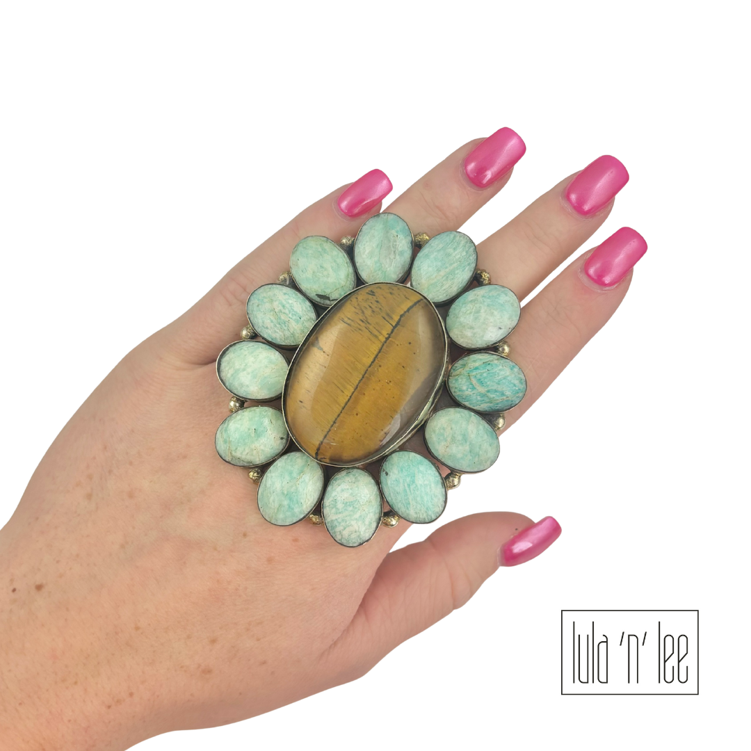 Amazonite & Brown Tiger Eye Adjustable Ring