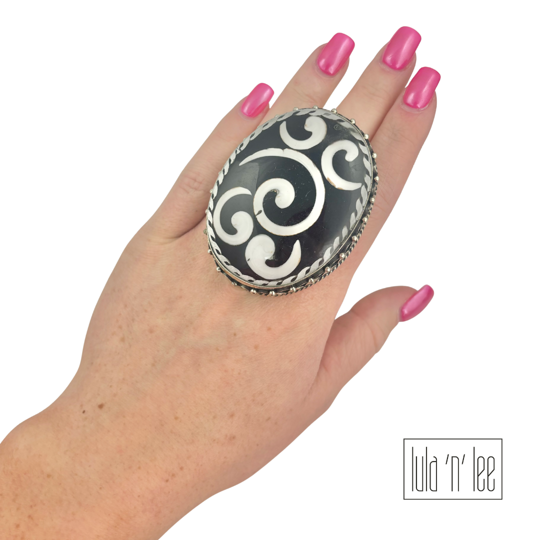 Swirl Painted Coconut Shell Adjustable Ring