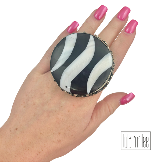 Stripe Painted Coconut Shell Adjustable Ring
