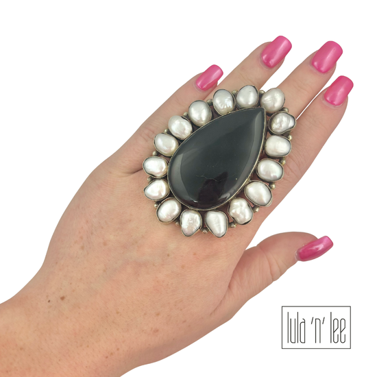 Black Onyx & Freshwater Pearl Adjustable Ring