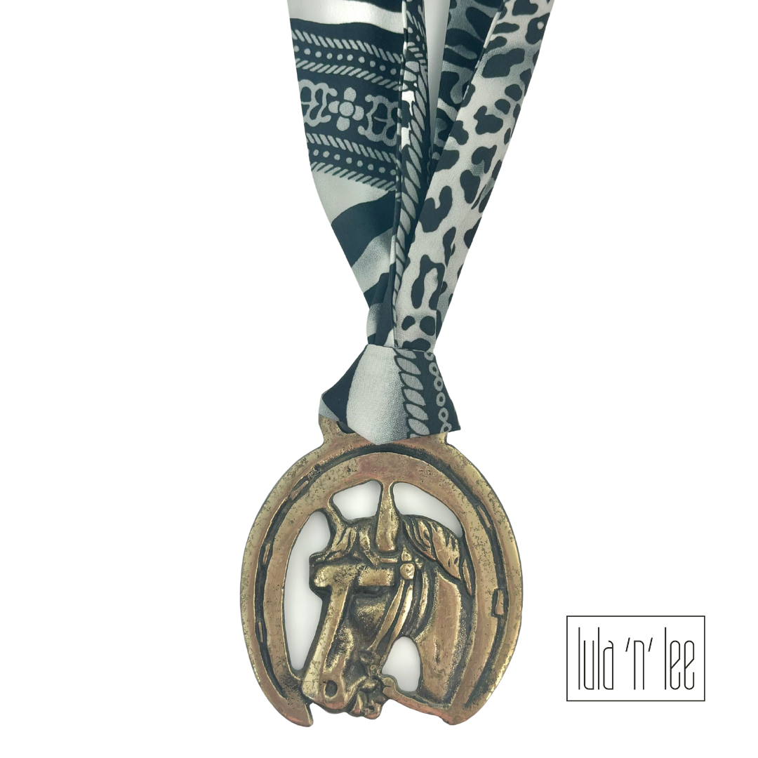 Vintage Horse Head Medallion & Black and White Twilly