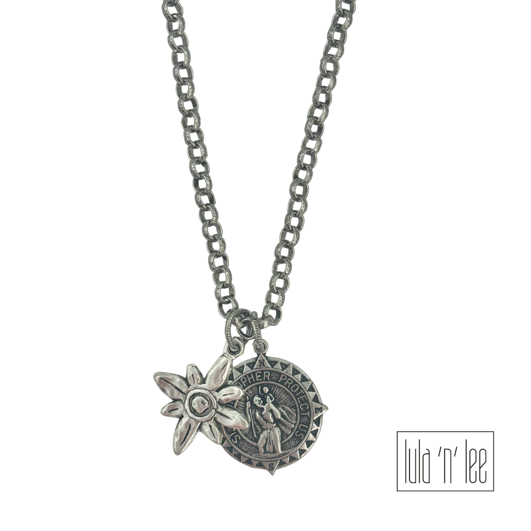 St. Christopher and Flower Necklace
