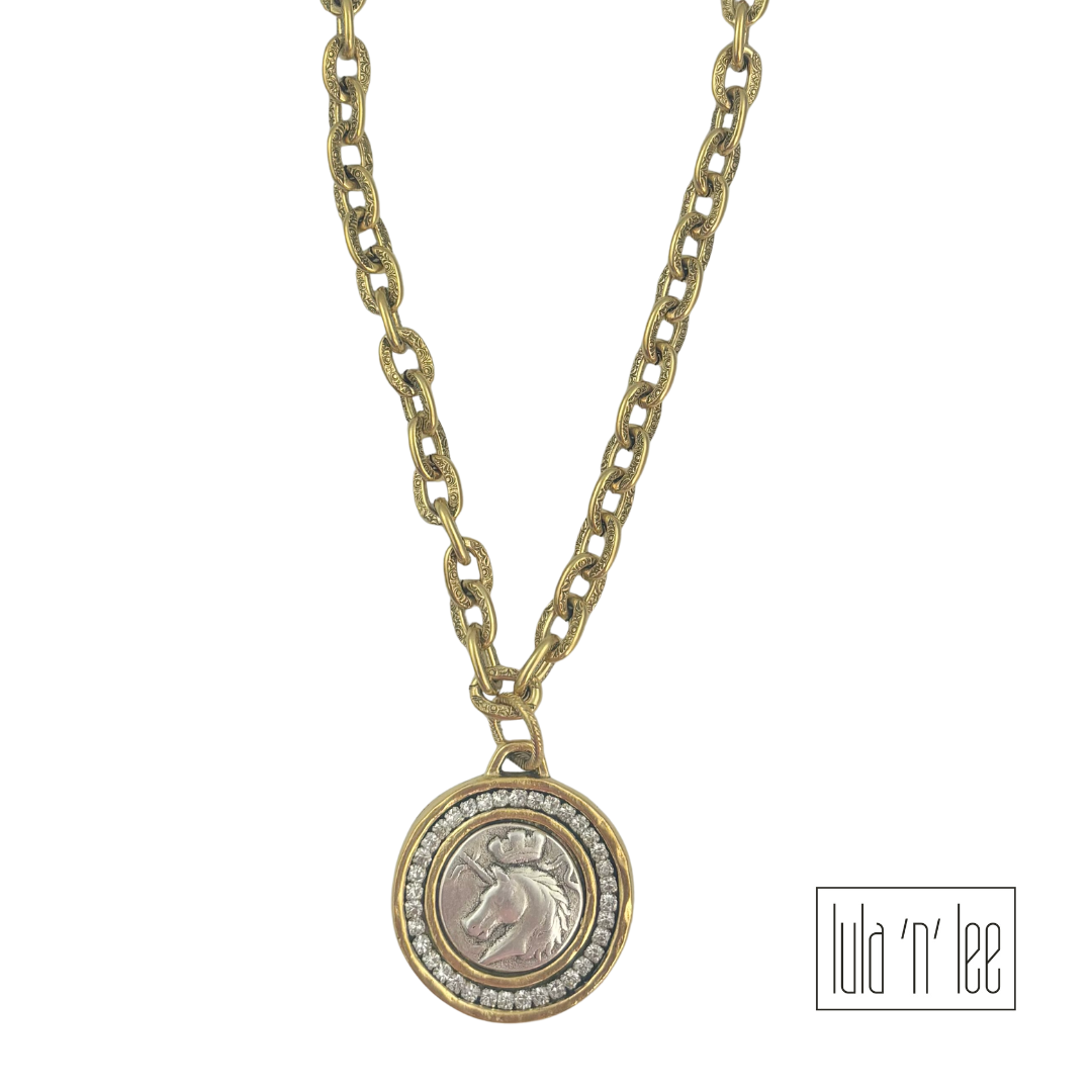 Gold Horse and Crystal Coin Necklace