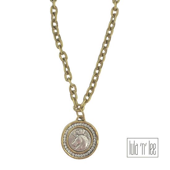 Gold Horse and Crystal Coin Necklace
