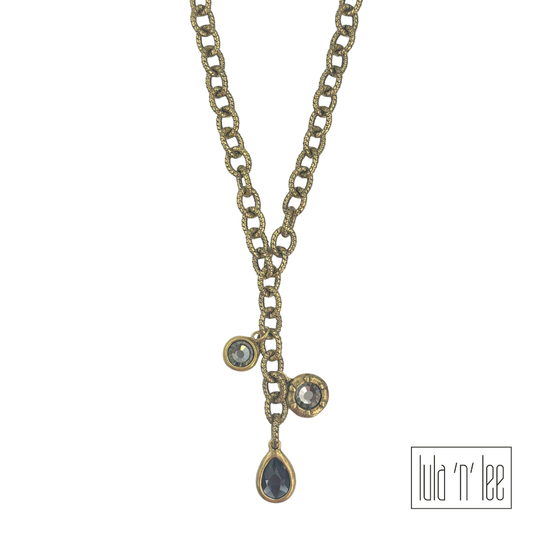 Gold Y Necklace with Black Crystal Accents