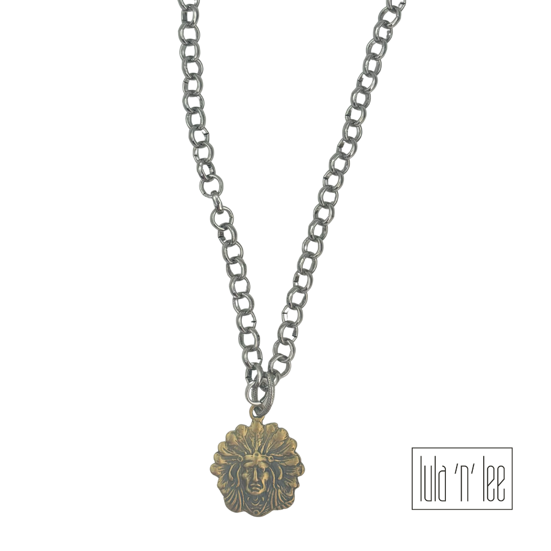 White Bronze Indian Head Necklace