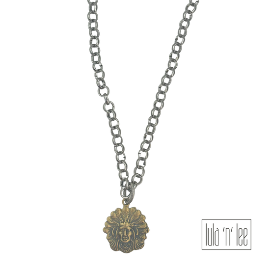 White Bronze Indian Head Necklace