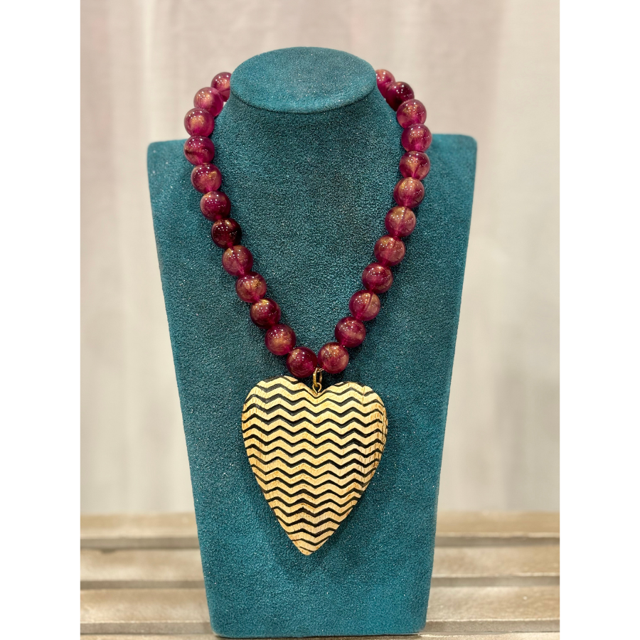 Merlot & Chevron Print Carved Wooden Heart