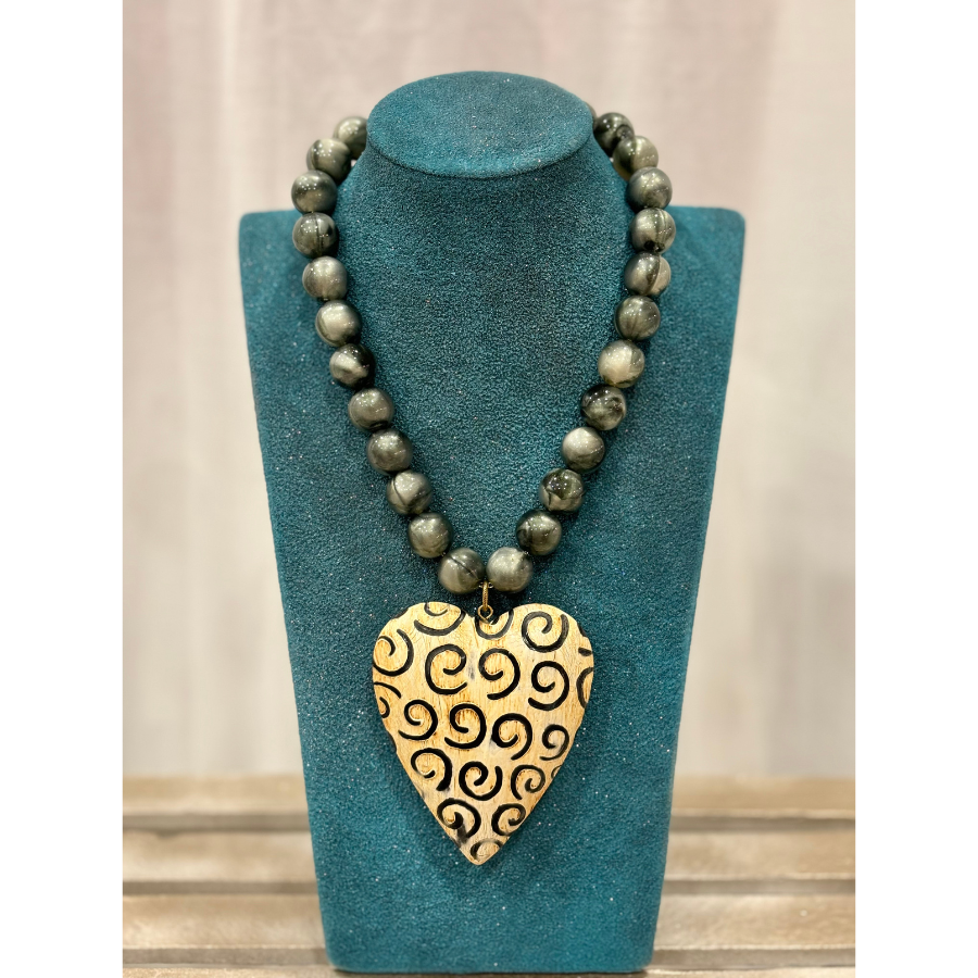 Gray & Swirl Print Carved Wooden Heart
