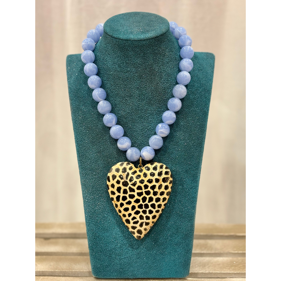 Periwinkle & Giraffe Print Carved Wooden Heart