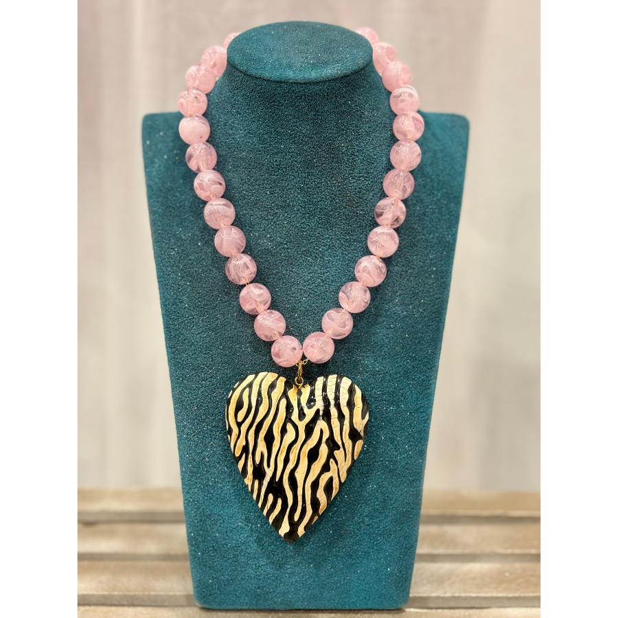 Light Pink & Zebra Print Carved Wooden Heart