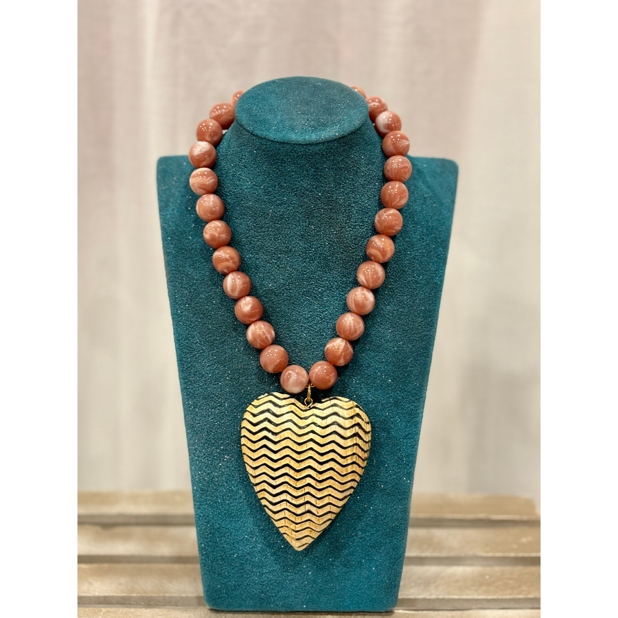Caramel & Chevron Print Carved Wooden Heart