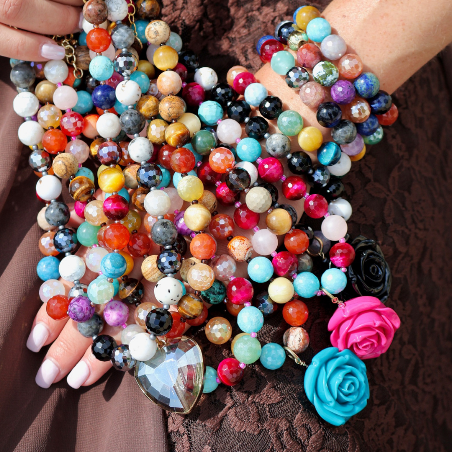Mosaic Magic | Black Gemstone & Black Rose Necklace #37