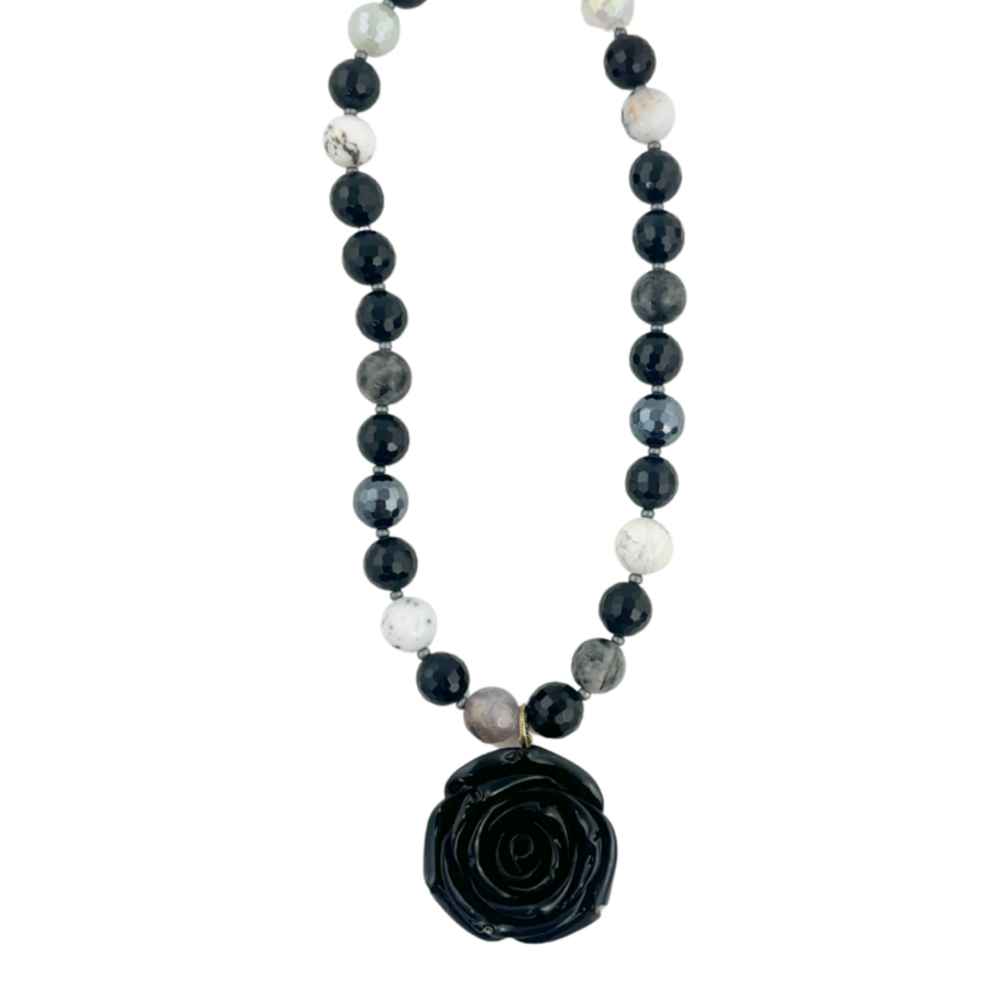 Mosaic Magic | Black Gemstone & Black Rose Necklace #37