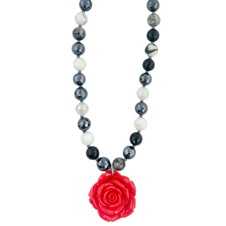 Mosaic Magic | Black Gemstone & Red Rose Necklace #39