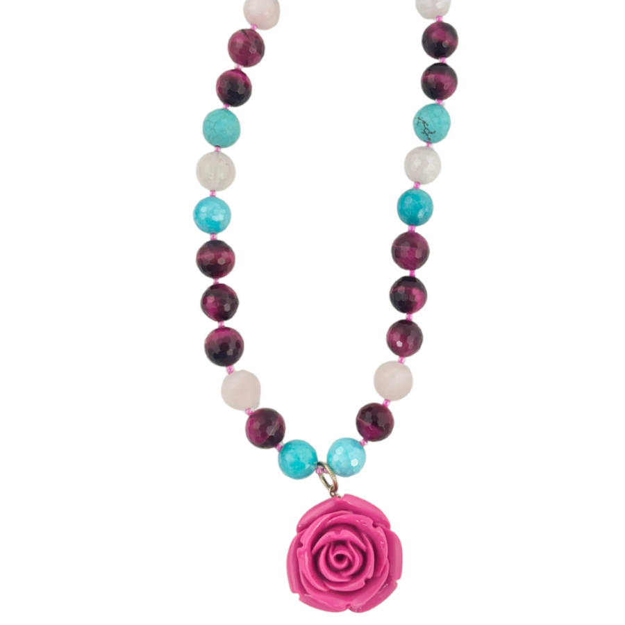 Mosaic Magic | Pink Gemstone & Turquoise Rose Necklace #40