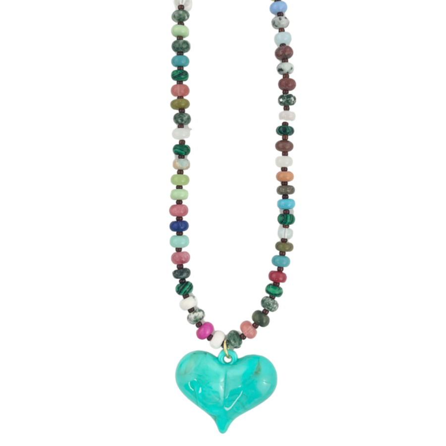 Mosaic Magic | Multi Colored Gemstone & Resin Heart Necklace #43