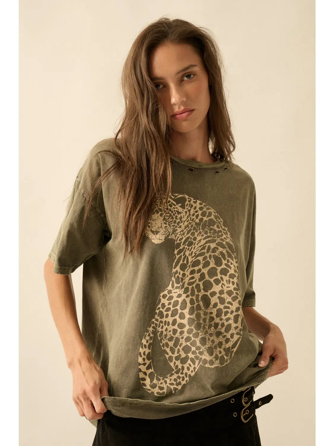 Forest Green Cheetah Oversized Mineral-Wash Graphic Tee