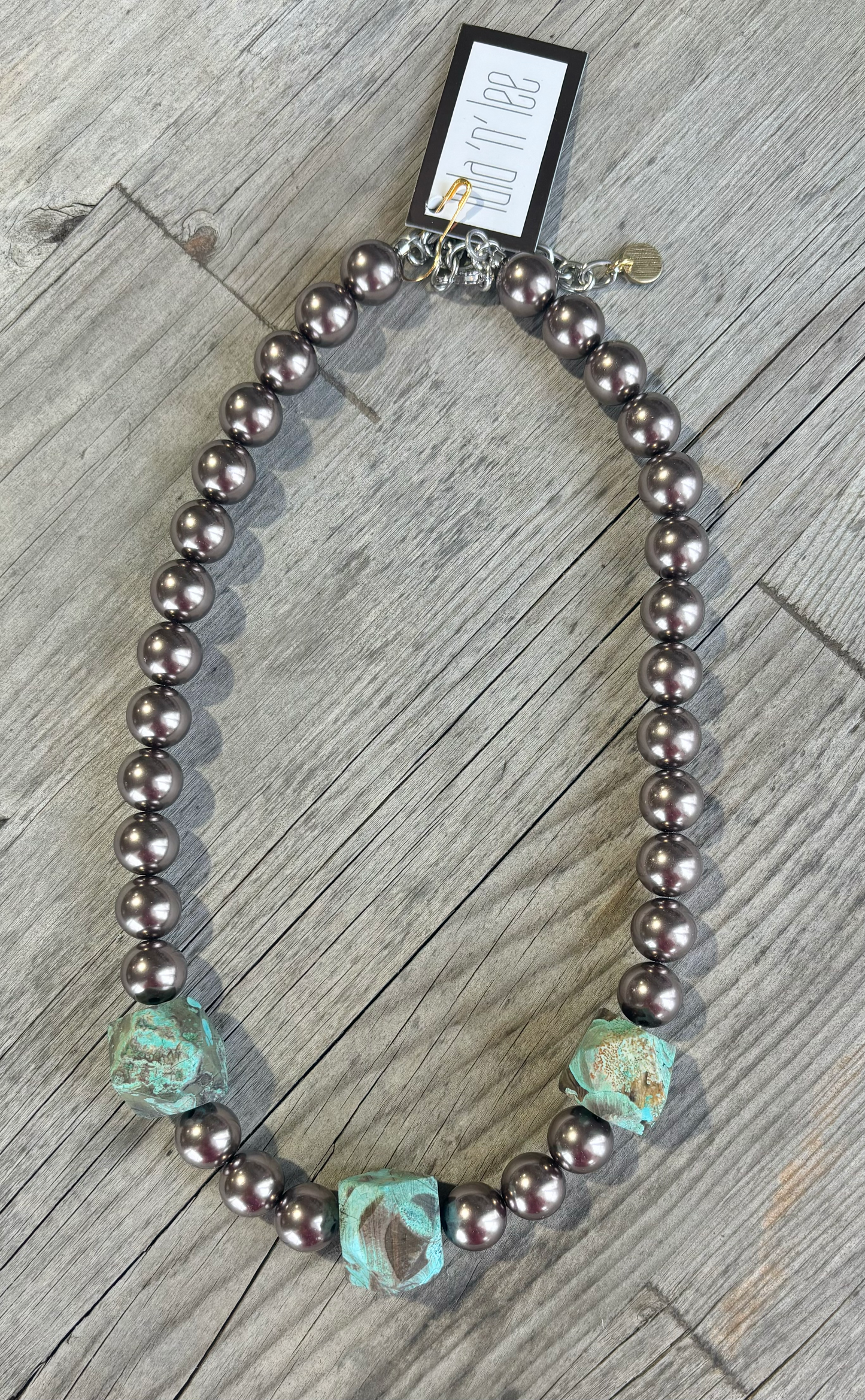 Triple Chrysocolla and Brown Glass Pearl Necklace