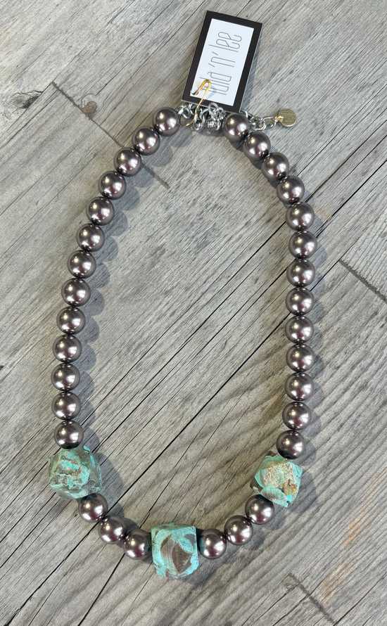 Triple Chrysocolla and Brown Glass Pearl Necklace