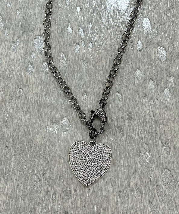 LN.151 - Hematite Chain Necklace with CZ Heart
