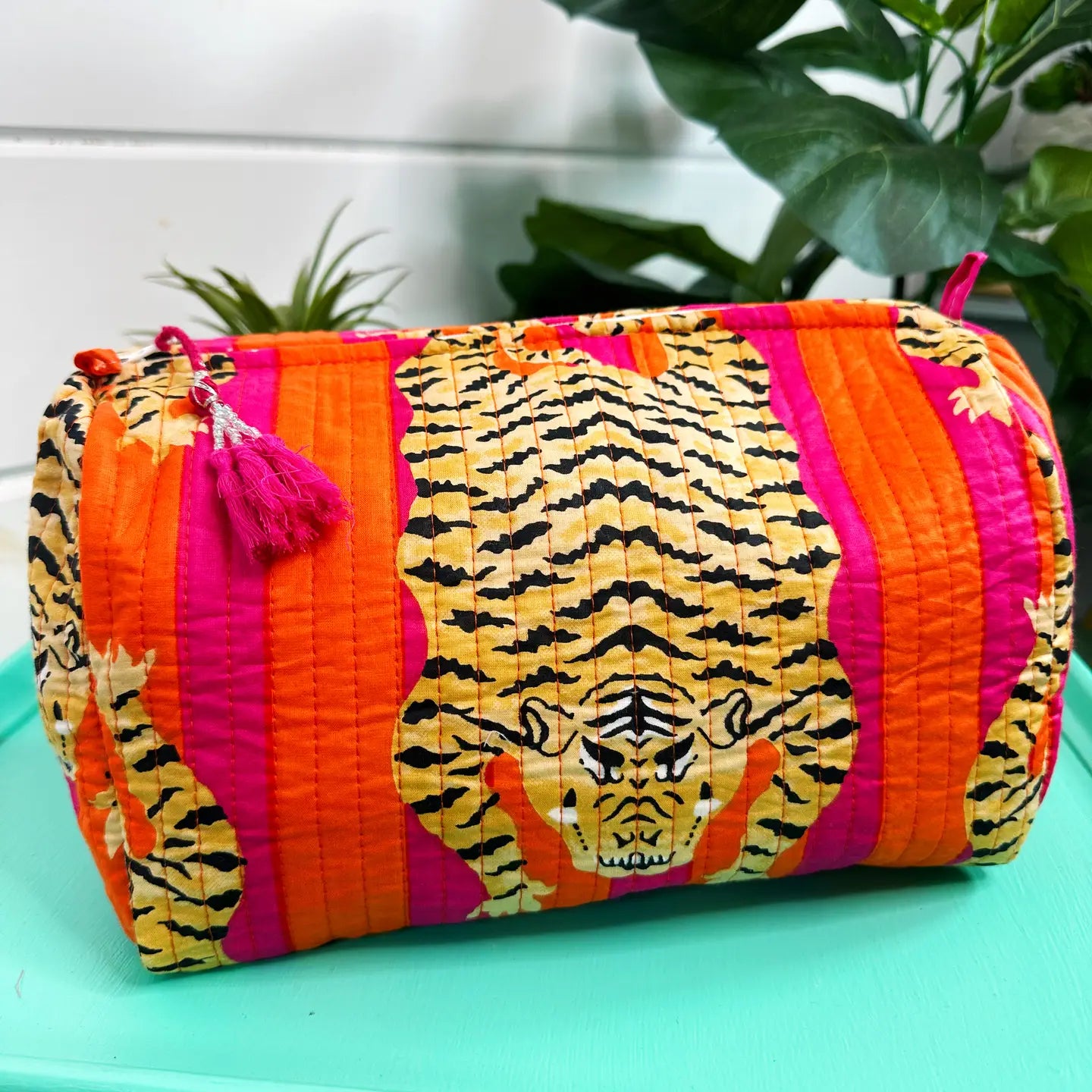 Hot Pink & Orange Tiger Print Quilted Cosmetic Bag