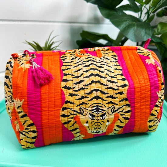 Hot Pink & Orange Tiger Print Quilted Cosmetic Bag