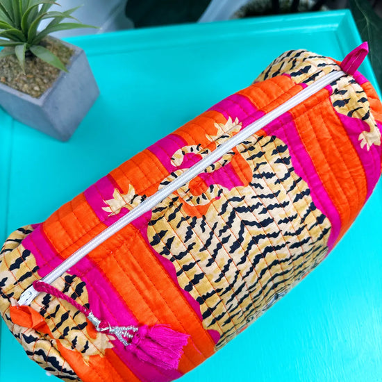 Hot Pink & Orange Tiger Print Quilted Cosmetic Bag