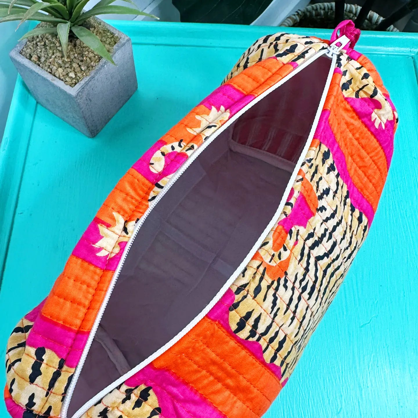 Hot Pink & Orange Tiger Print Quilted Cosmetic Bag