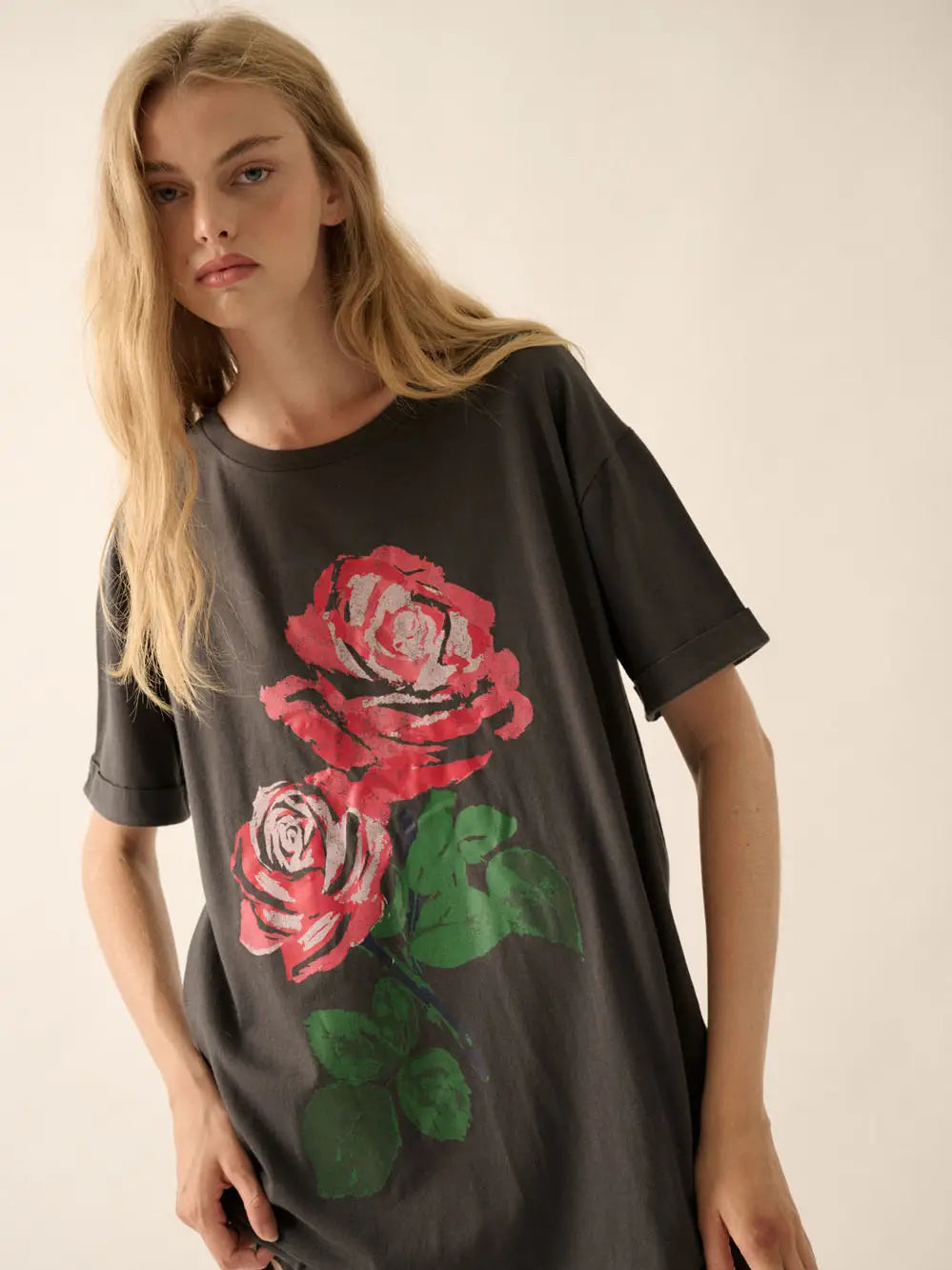Vintage Rose Oversized Mineral-Wash Graphic Tee