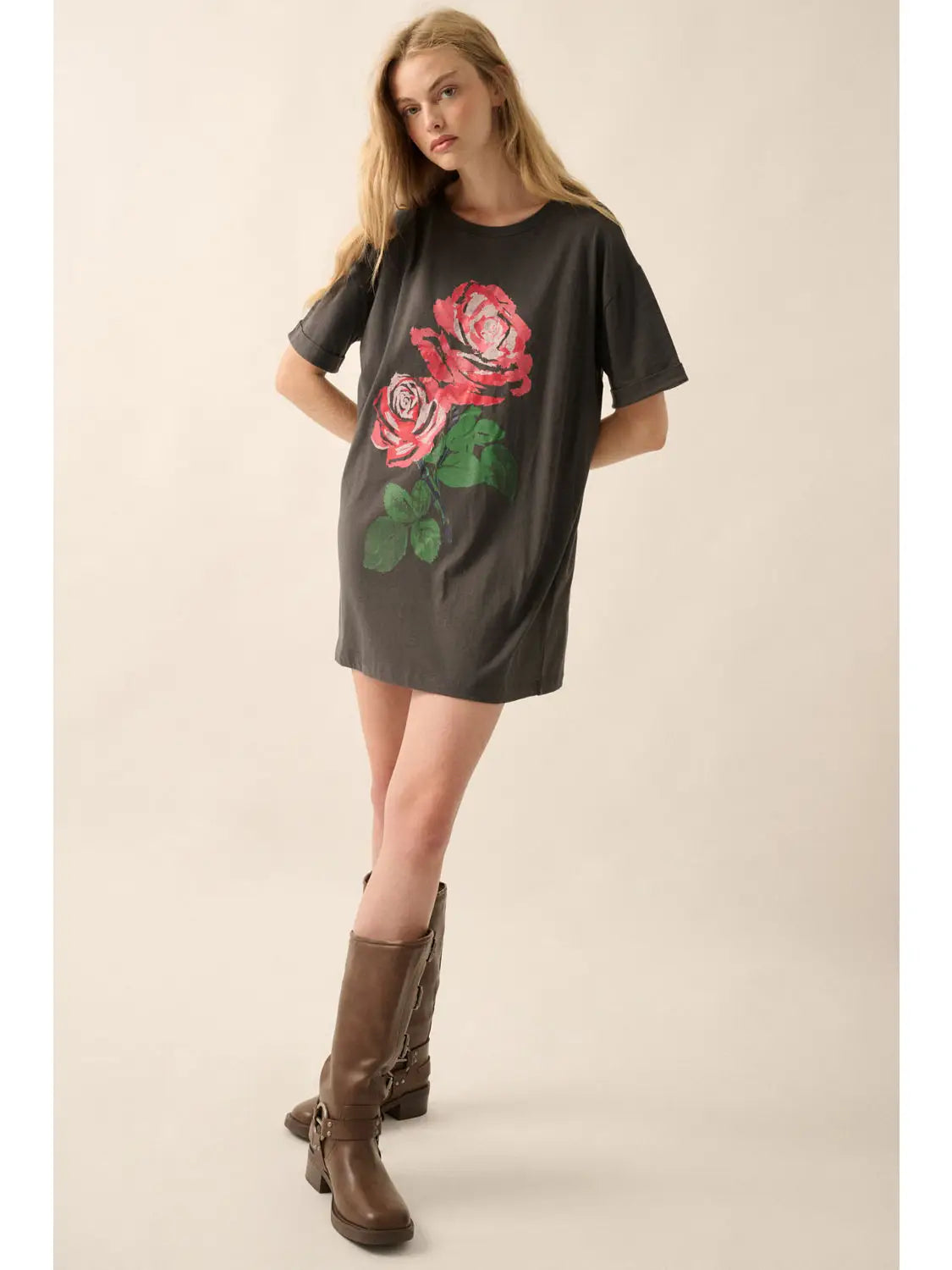Vintage Rose Oversized Mineral-Wash Graphic Tee
