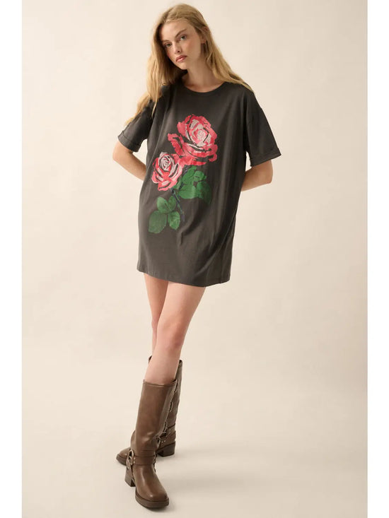 Vintage Rose Oversized Mineral-Wash Graphic Tee