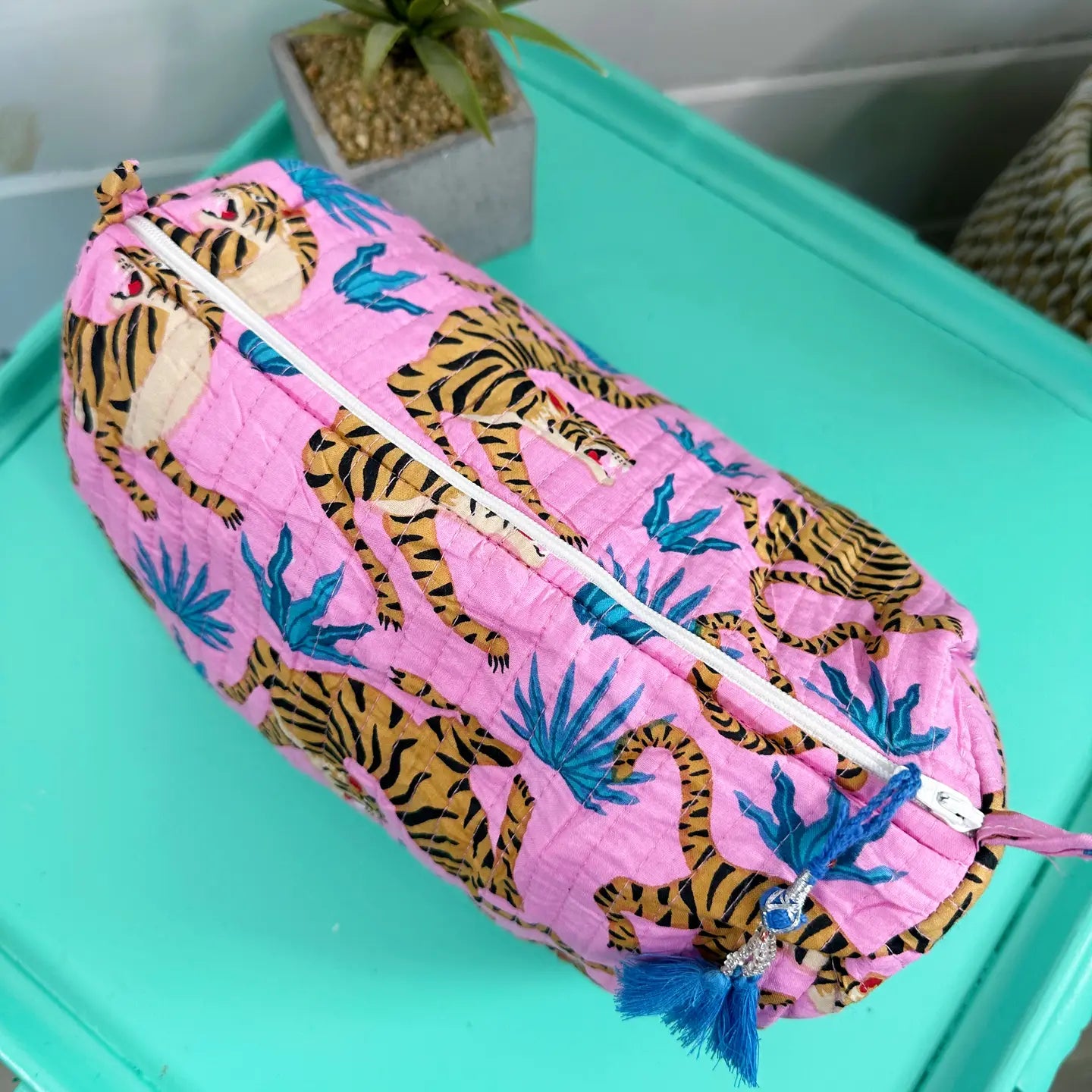 Purple Tiger Print Quilted Cosmetic Bag