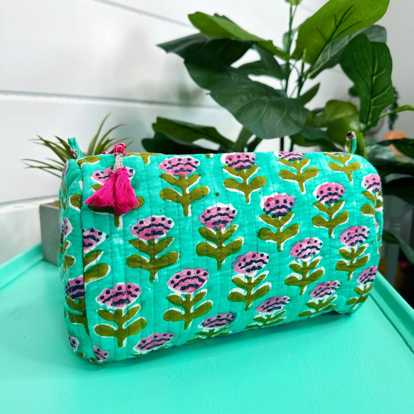 Aqua Floral Print Quilted Cosmetic Bag