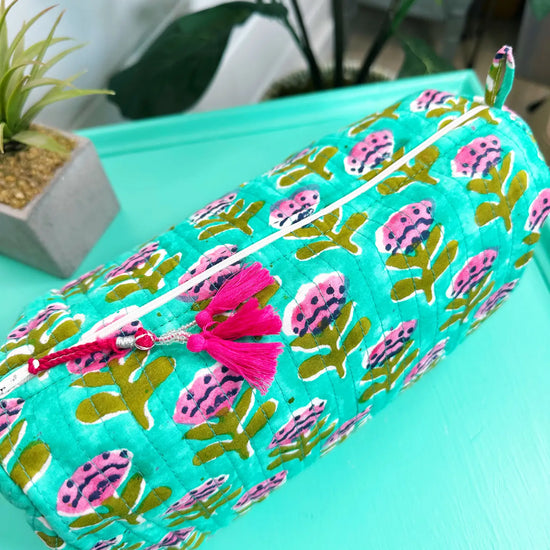 Aqua Floral Print Quilted Cosmetic Bag